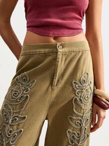 Bohemela 波西米亚风复古休闲度假风格 3D 刺绣宽松腰带抽绳阔腿女裤