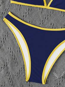 SHEIN Swim 女款夏季海灘撞色掛脖綁帶性感比基尼兩件式泳衣套裝 - 彩色 - 查看 7