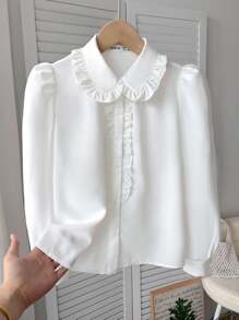 SHEIN 青少年女孩宽松休闲优雅荷叶边泡泡袖纽扣衬衫，舒适日常和学校穿着，长袖上衣白色荷叶边白色衬衫 - 白色 - 查看 2