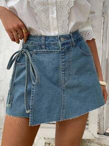 Livesso Falda-pantalón vaquera con lazo delantero para mujer de verano - Azul - Ver 1