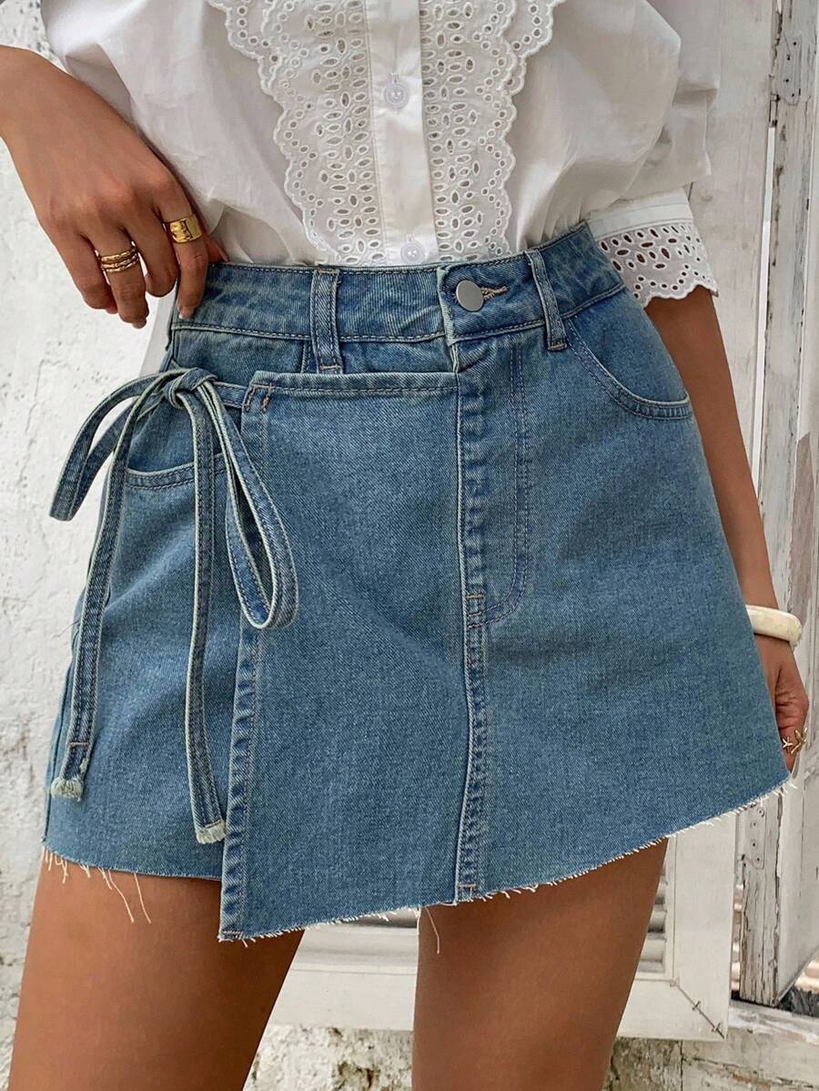 Livesso Falda-pantalón vaquera con lazo delantero para mujer de verano - Azul - Ver 1