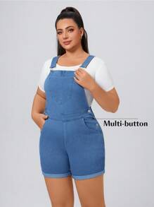 SHEIN Essnce Plus Size Women's Summer Pocket Button Fitted Denim Bib Shorts - Blue - View 5