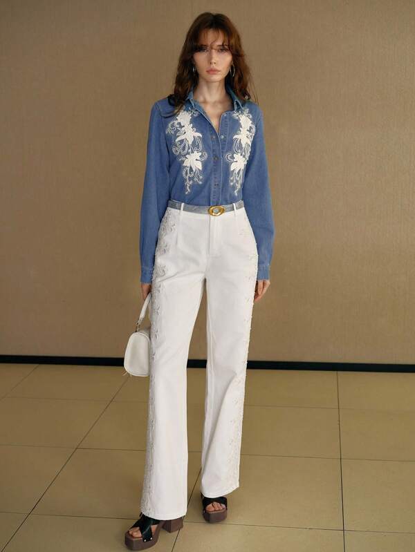 MOTF PREMIUM EMBROIDERY FLORAL PATTERN FAUX PEARL DETAIL STRAIGHT LEG PANTS