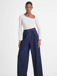 Daynim Quần Jeans Denim Ống Rộng Túi Xanh Navy Thường Ngày Cho Nữ - Rửa tối - Xem 4