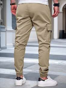 Manfinity Homme Men's Casual Relaxed Elastic Waist Drawstring Cargo Pants With Pocket - Khaki - View 2