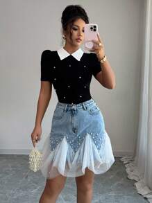 Selianne Women's Elegant Elegant Faux Pearl And Crystal Decorated Sheer Mesh Panel Godet Hem Denim Mini Skirt, Summer - Blue - View 6