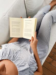 SHEIN Ruffle Collar Open Front Double Layer Cap Sleeve Women Textured Jacquard Pajama Set - Baby Blue - View 6