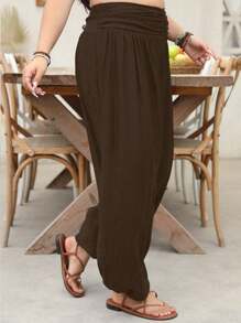 Linhara 大码女式纯色腰部褶皱宽松休闲裤