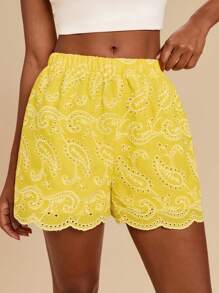 Travachic Summer Casual Wear For Holiday Dates, Stretch Waistband With Wave Edges And Bohemian-Style Peiris Pattern At The Hem, With Textured Floral Embroidery, Women's Short Pants For Vacation, Summer Beach Wear For School, Very Simple, Women's Country Clothing, Office Wear, Old Money Wear, Teacher Wear, Date Wear, Graduation Season, Cream-Colored Pants, Casual Wear For Wedding Season Sister Afternoon Tea Gatherings And Festival Occasions