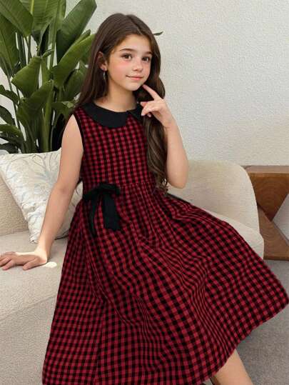 SHEIN 青少年女孩休闲领口拼布撞色蝴蝶结装饰A字连衣裙