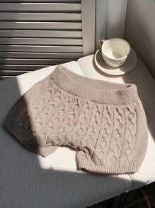 Comfortcana Low Waist Women's Knitted Shorts With Cable Pattern & Button Design - Grey - View 2