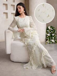 Veilorie Đầm Ả Rập dài tay cổ bèo nhún thanh lịch cho nữ - Màu vàng - Xem 1