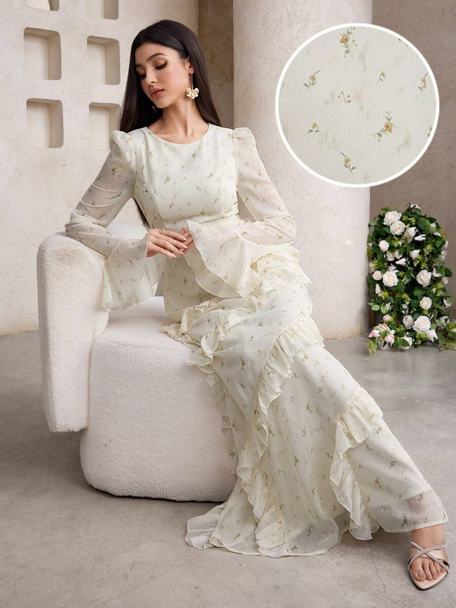 Veilorie Đầm Ả Rập dài tay cổ bèo nhún thanh lịch cho nữ - Màu vàng - Xem 1