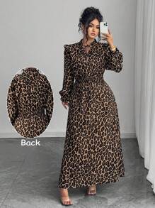 Elenzga 大码女式优雅豹纹印花荷叶边抽绳领灯笼袖连衣裙秋季女装 - 黑色 - 查看 1