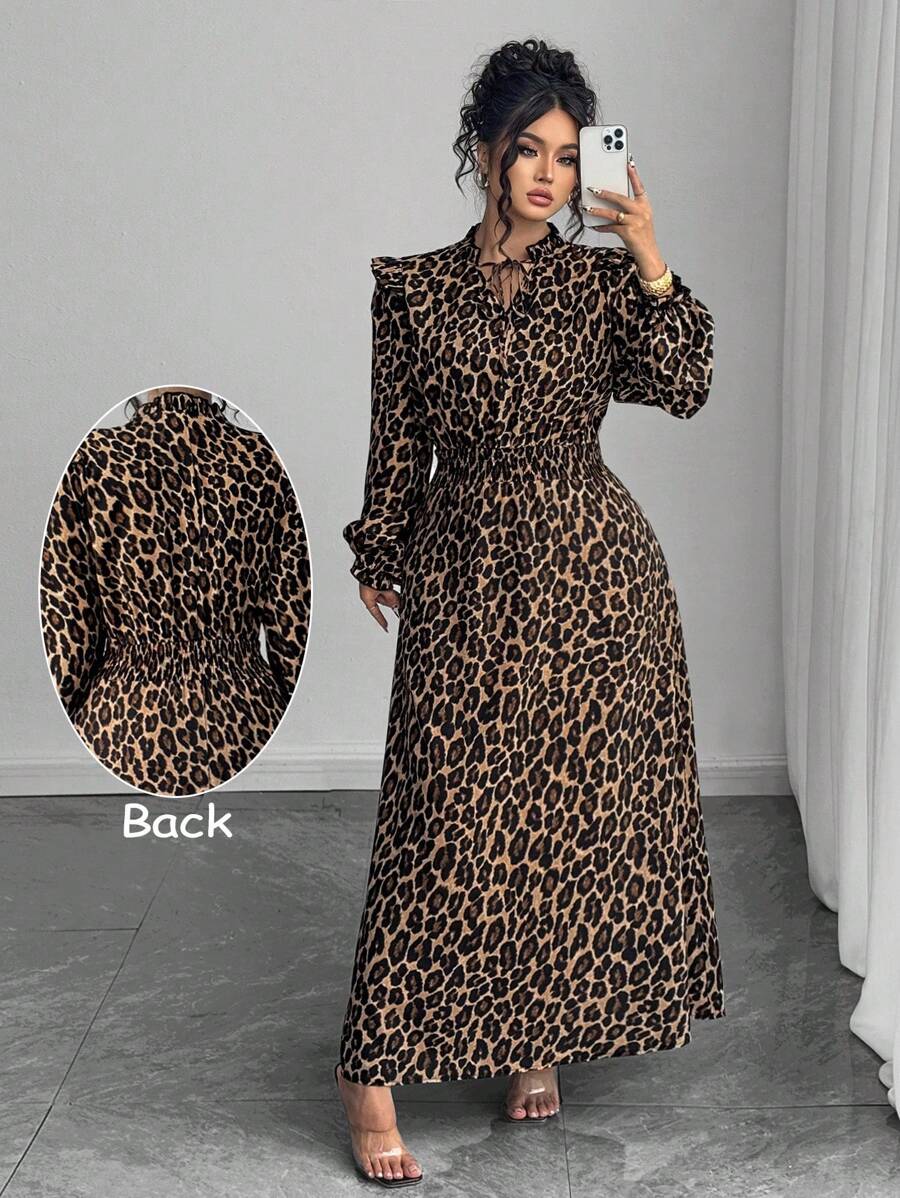 Elenzga 大码女式优雅豹纹印花荷叶边抽绳领灯笼袖连衣裙秋季女装 - 黑色 - 查看 1