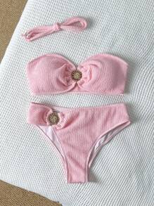 Swim SXY Women's Elegant Casual Beach Vacation Party Solid-Color Pink Special Fabric Bikini Two Pieces Swimwear For Summer - Pink - View 4