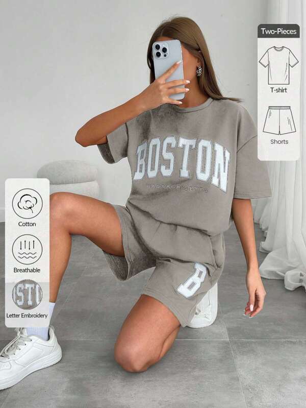 SHEIN PETITE Cottnline 100% katoenen Boston borduurwerk T-shirt en shorts comfortabele casual dames tweedelige outfit