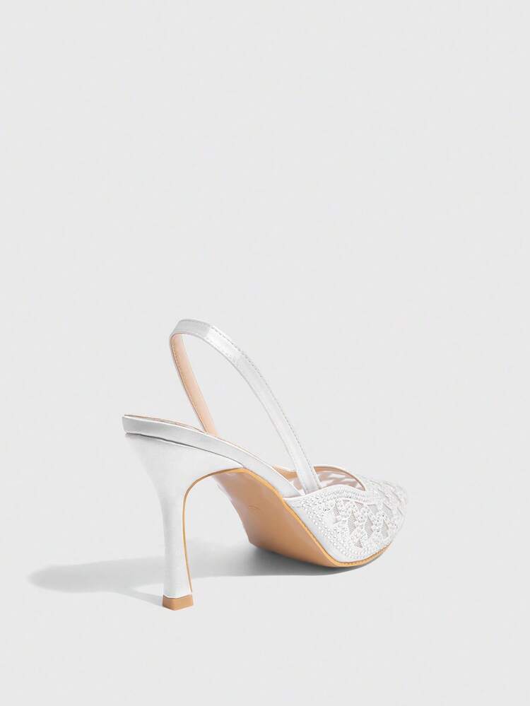 CUCCOO SZL Women's Fashion Pointed Toe Rhinestone Gold Mesh Fabric Evening Party Stilettos Backless Slip-On High Heels