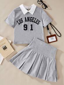 2 件套青少年女孩美式学院风衬衫领字母印花休闲短袖上衣和百褶裙套装