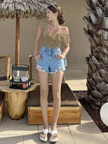 DAZY Solid Ruffle Trim Tee,Crop Tops Women