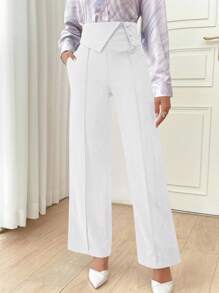 Modelyn Pantaloni casual a gamba dritta da donna, con design a vita pieghevole e bottoni, di colore liscio