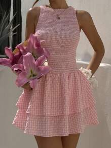 SHEIN Unity Blue Plaid Sleeveless Fitted Waist Ruffle Hem Mini Dress, Sweet French Style, Suitable For Vacation, Spring/Summer - Multicolor - View 6