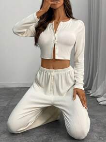 INAWLY 2pcs Women Casual Knit Jacquard Textured Crew Neck Long Sleeve Cropped Top And High Waisted Straight Leg Pants Set Fall Cloth For Women - Apricot - View 3
