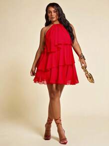 SHEIN BAE Plus Size Summer Beach Vacation Solid Red Cascading Lotus Leaf Cake Chiffon Mini Dress, Suitable For Daily Dating, Night Out,Red Dress,Back To School Girls Clothes,Girls Summer Outfits,Fall Clothes,School Clothes,Halloween,Winter,Y2k Clothes ,Vintage,Vacation Outfits Woman,Plus Size Women Clothes,Summer Dresses For Women