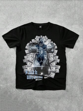 Street Life T-shirt de mode décontractée pour hommes, style de rue jeune, avec design noir de croix Jésus et argent