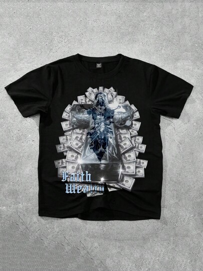 Goth Men's Black Cross Jesus & Money Design Casual Fashion T-Shirt, Young Street Style