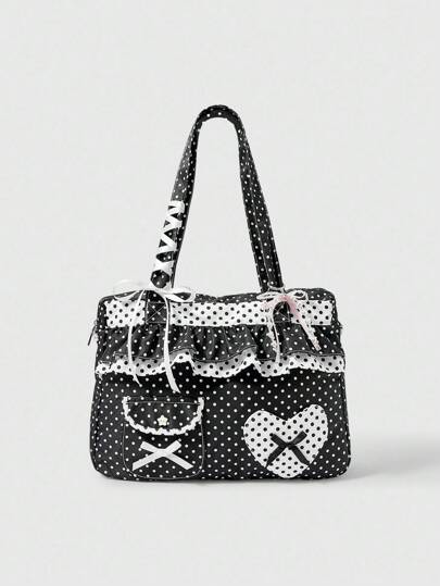 Fairycore 1 set Bolso de tote con diseño de corazón a lunares negros en patchwork, bolso de tote de mujer con estilo de lunares personalizado y fashionable (incluyendo 1 bolso y 1 set de accesorios)