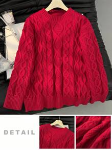 Firerie 女士纯色抽绳圆领休闲套头衫红色毛衣秋冬女装 - 紅色 - 查看 9