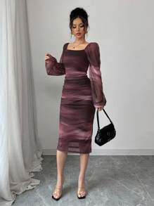 Rafferiza 女士长袖豹纹连衣裙，休闲通勤或毕业礼服，网眼面料 - 彩色 - 查看 3