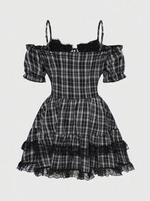ROMWE Goth Robe mini d'été à manches tombantes décontractée à carreaux pour femmes en grande taille
