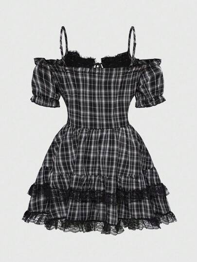 Goth Plus Size Women's Casual Plaid Off-Shoulder Strap Mini Dress, Summer,Back To School