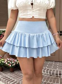 SHEIN EZwear 大码女式纯色百褶休闲百搭约会外出伞裙 - 天藍色 - 查看 4