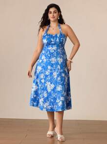SHEIN MOD Plus Size Women Blue & White Halter Dress,Halter Neck Straps, Sexy Beach Dress,Garden Party Dress,Waist-Hugging Sundress,Suitable For Holiday, Picnic, Beach, Date, Casual Wear,Valentines Clothes,Vacation Outfits Woman,Summer Outfits For Women,Beach Outfits For Wom