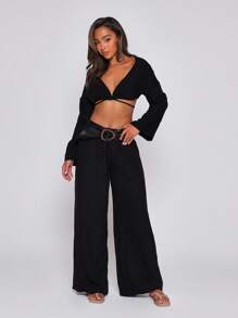 SHEIN x Ludmilla MUSERA Textured Linen Feel Tie Waist Trouser Vacation Summer  Elegant Beachwear Boho Casual Boho Airport Fall Winter  Christmas Evening