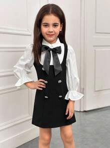 Vestido cómodo y sencillo de niña con cuello, mangas abullonadas y bloque de color en patchwork - Blanco y Negro - Ver 3