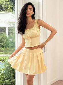 Ria Solene 2pcs Women's Sleeveless Square Collar Frill Trim Button-Up Pleated Mini Skirt Yellow Set - Yellow - View 4