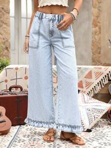 EMERY ROSE Plus Size Denim Vacation Style Ruffle Hem Wide Leg Pants