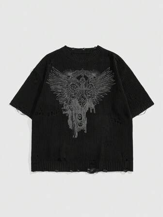 Grunge Punk Herren zerrissener dunkel bedruckter Rundhals Strick Streetwear Pullover