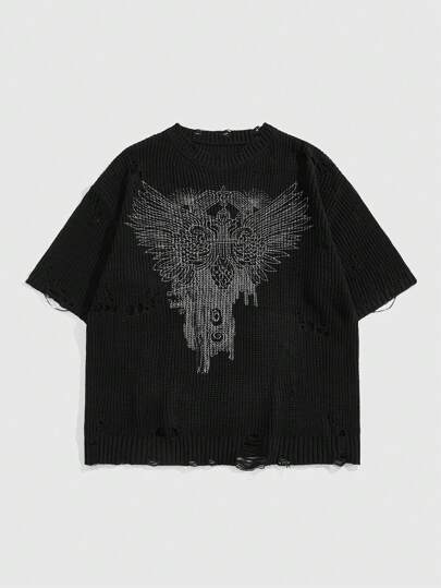 Street Life Men's Distressed Dark Print Crew Neck Knit Streetwear Pullover