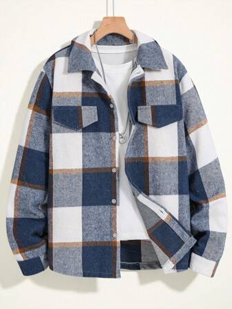 SHEIN Teenage Boys' Fashionable Thickened Plaid Flannel Shacket For Outdoor Sports And Street Casual Wear, Autumn Winter