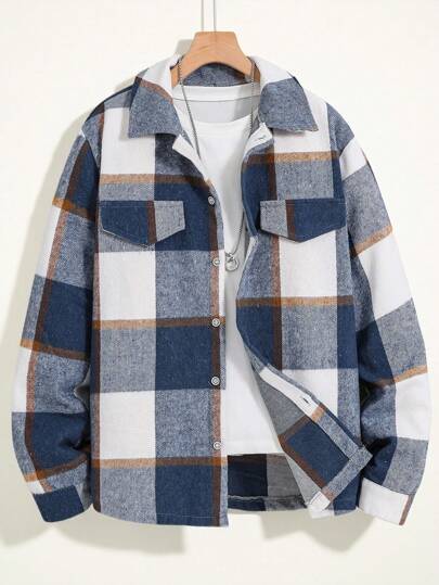 SHEIN Teenage Boys' Fashionable Thickened Plaid Flannel Shacket For Outdoor Sports And Street Casual Wear, Autumn Winter