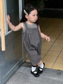 Dazy Kids 2pcs/Set Baby Girls Striped Sleeveless Top + Overalls Set - Grey - View 4