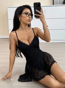 SHEIN EZwear Vestido corto de verano de tirantes con bajo asimétrico de encaje sexy para mujeres - Negro - Ver 6