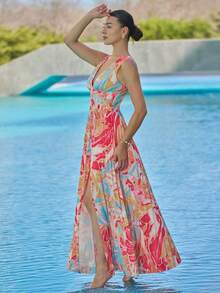 Andrea Bello Vacation Sleeveless Ditsy Floral Plunge Neck Open Slit Ruched Sexy Festival Dress For Women - Multicolor - View 5