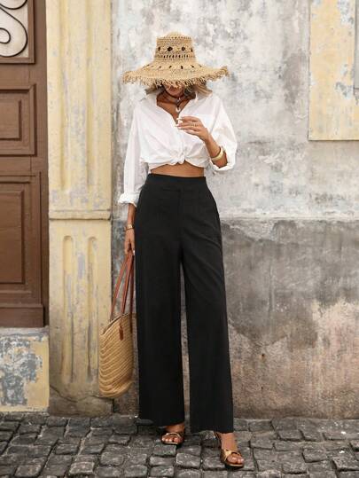 Brillora Women's Solid Color High Waisted Trousers With Slanted Pockets