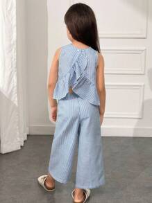 SHEIN Young Girl Casual Simple Comfortable Round Neck Sleeveless Ruffle Hem Top And Pants Set - Blue - View 3